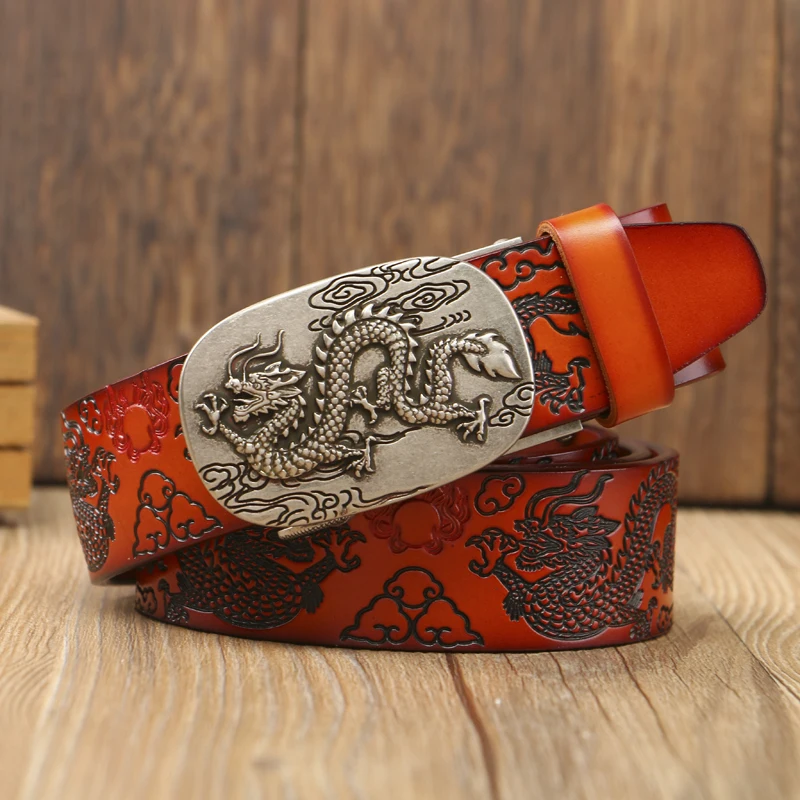 Hot China Dragon Designer Belt Men Cowskin Genuine Luxury Leather Men\'s Belts for Men Carving Dragon Pattern Automatic Buckle