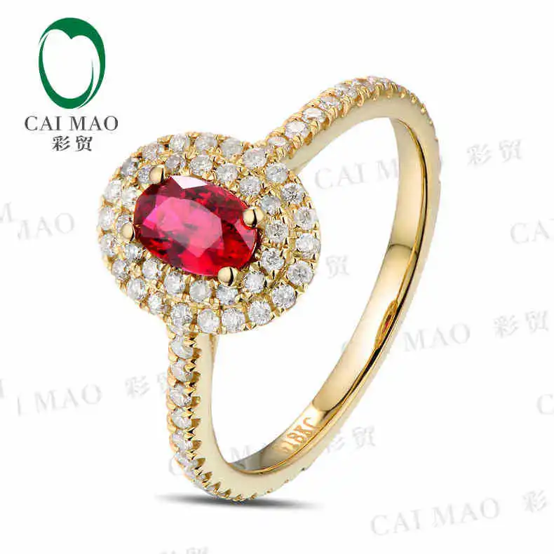 CaiMao 18KT/750 Yellow Gold 0.58 ct Natural Red Blood Ruby & 0.49 ct Full Cut Diamond Engagement Gemstone Ring Jewelry