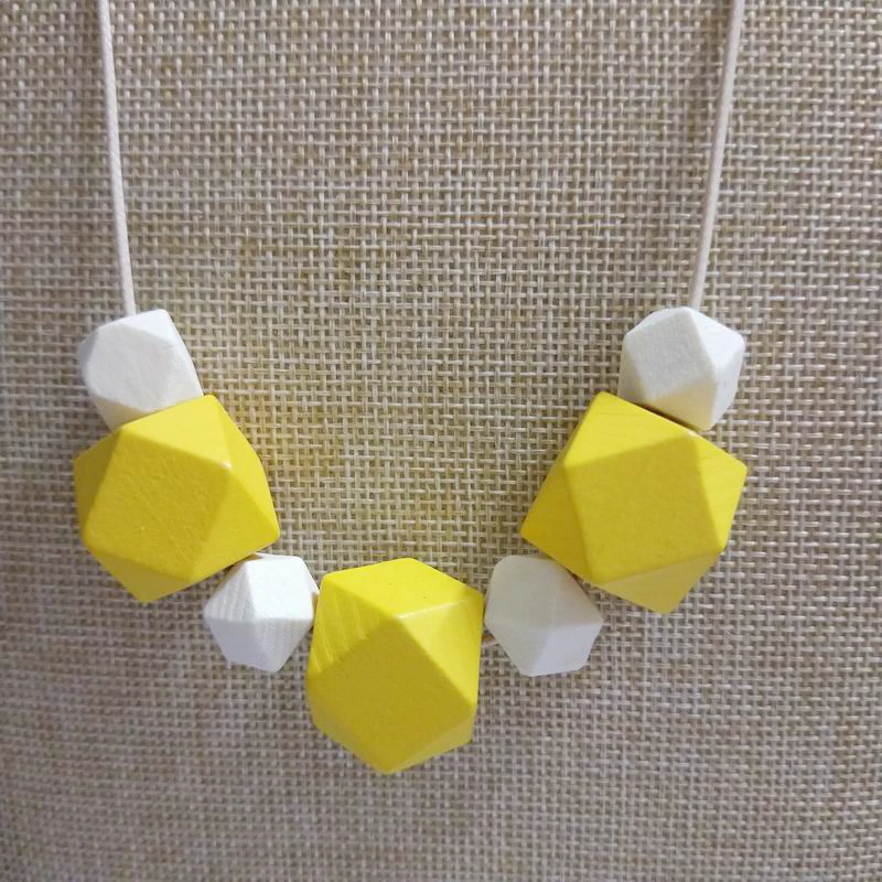 Geometric Beaded Necklace Pendant Painted Chunky Faceted Beads Wooden Ball Rope Chain Yellow Natural Statement Jewelry