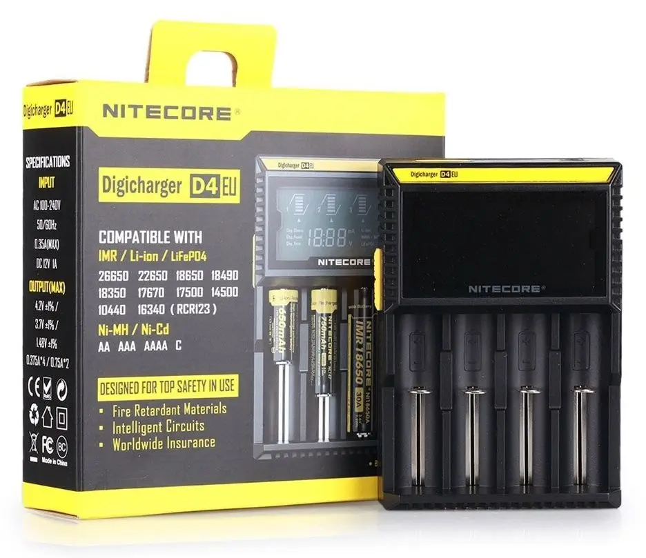 100% Original NItecore D4 Digi charger For 18650 14500 18350 Li-ion & Ni-MH AA AAA 18650 14500 16340 26650 Battery Charger