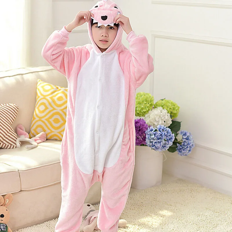 Red Dinosaur Kigurumi Onesie Pajamas Set Animal Cosplay Costume Pink Cute Winter Warm Soft Flannel Jumpsuit Children Party Wear