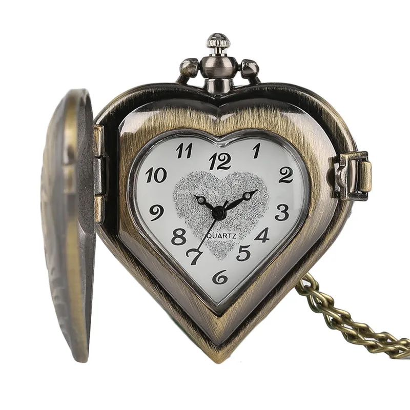 Retro Bronze Heart Shaped Ladies Quartz Pocket Watch Fashion Girl Women Watches Pendant Copper Necklace Best Gift for Female