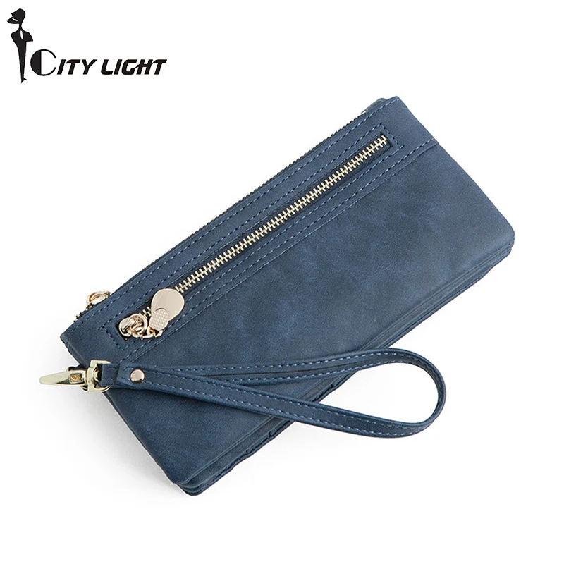 High Capacity Vintage Women Wallets Long Nubuck Leather Wallet Female Double Zipper Clutch Coin Purse Ladies Wristlet