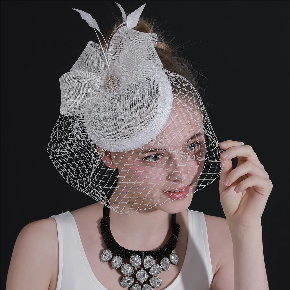 

White Wedding Fascinator Accessory Hats Sinamay Chapeau Bridal Veils Women's Fedora Female Ladies Elegant Occasion Race Headwear