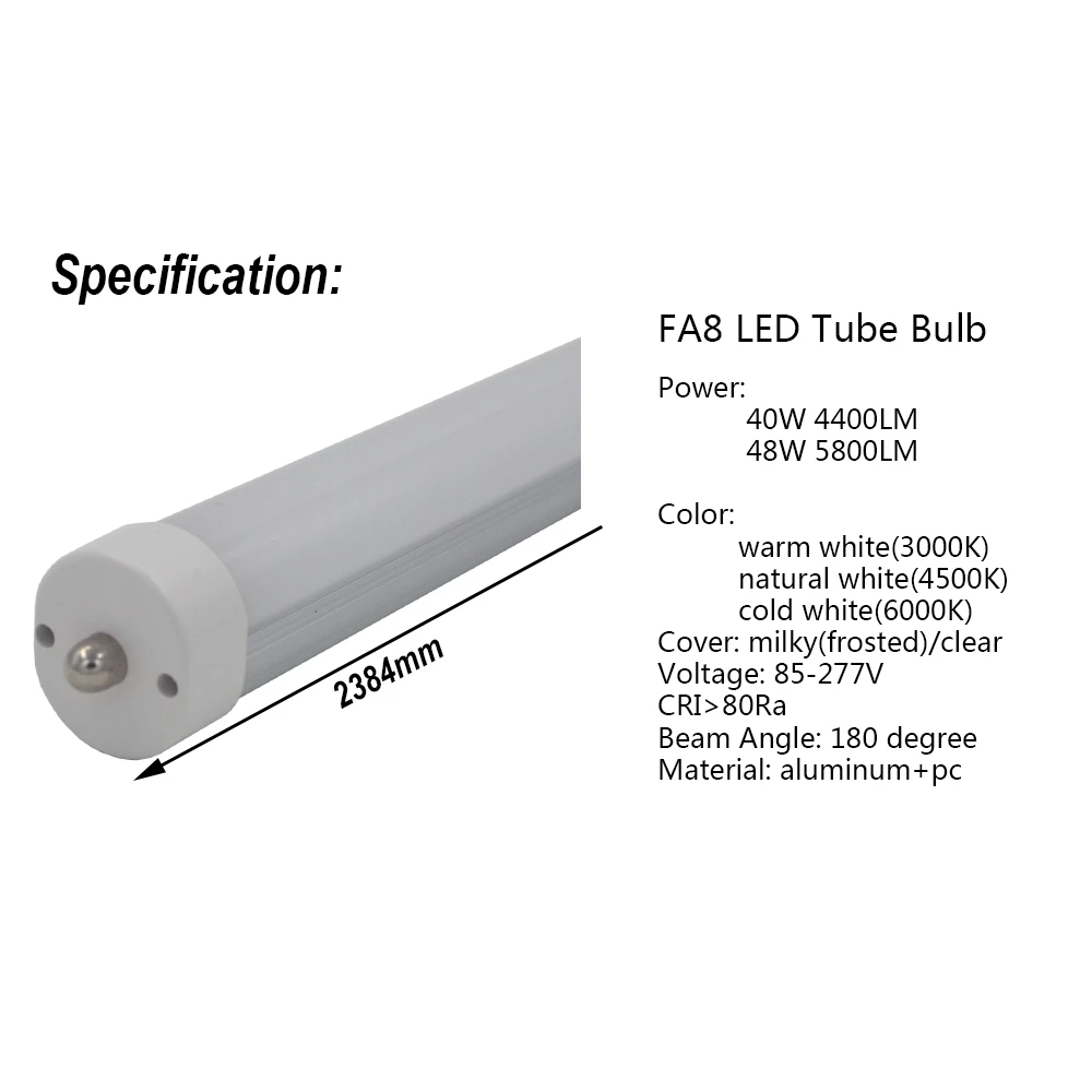 20-100/pack LED Tube Bulb 8ft 2.4m 40W 48W Rotated Base FA8 R17D(HO) Lamp T8 T10 T12 F96 Fluorescent Light 94