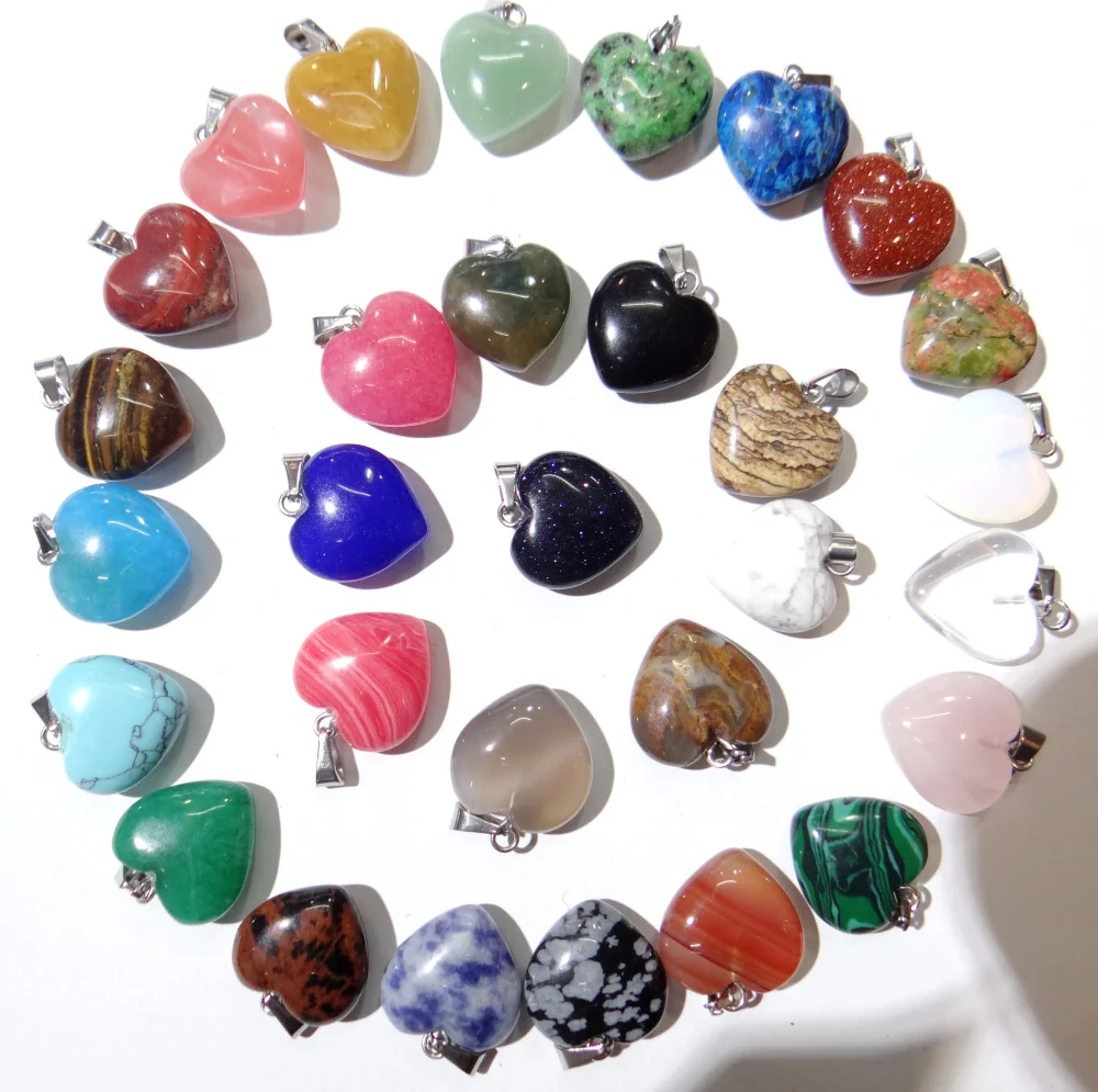 16mm Natural stone Turquoises  Opal Quartz crystal tiger eye charm heart pendant diy jewelry making Necklace Accessories 30pcs