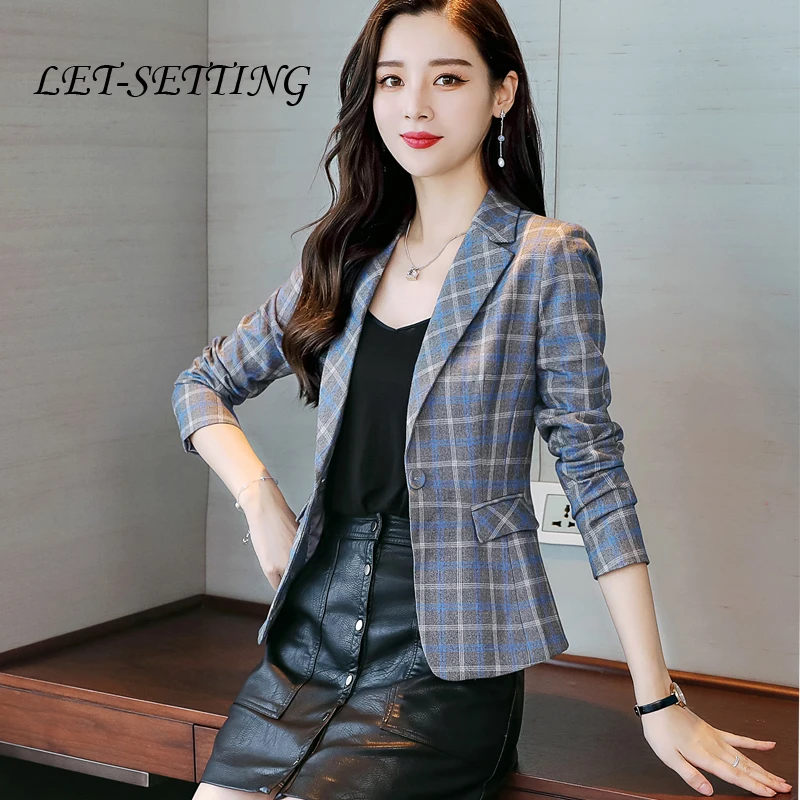 

large size spring autumn new slim one button casual suit Plaid retro temperament women jacket blazer women coat