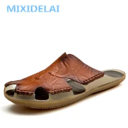 MIXIDELAI New Quality Leather Non-Slip Slippers Men Beach Sandals Comfortable Summer Shoes Men Slippers Classics Men Flip Flops