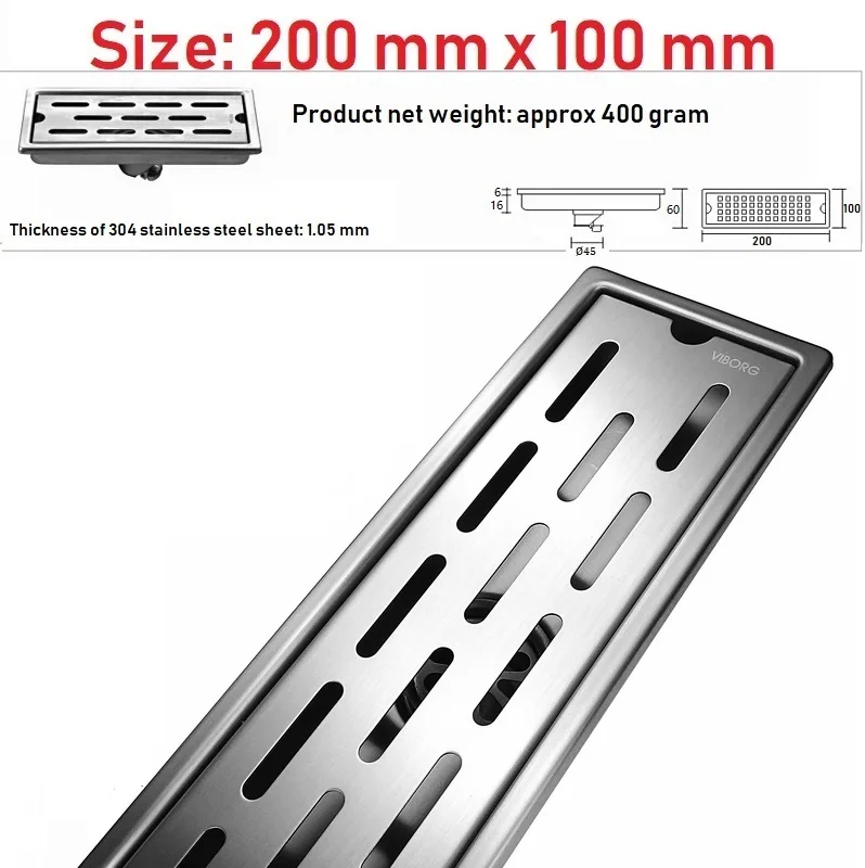 

VIBORG 200mm x 100mm Deluxe 304 Stainless Steel Extra-thick Rectangular Bathroom Shower Linear Floor Drain Drainage Stainer