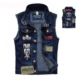 Classic Vintage Men's Jeans Vest Sleeveless Jackets Fashion Patch Designs Punk Rock Style Ripped Cowboy Frayed Denim Vest Tanks