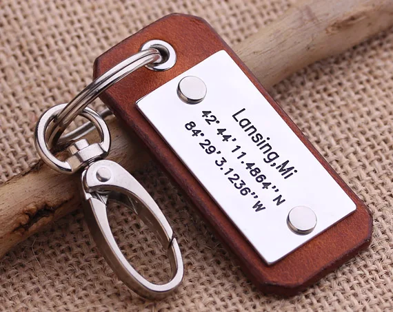 

Leather Latitude Longitude Keychain -GPS Leather keychain - Anniversary, Wedding, Valentines, Groomsmen Gfit