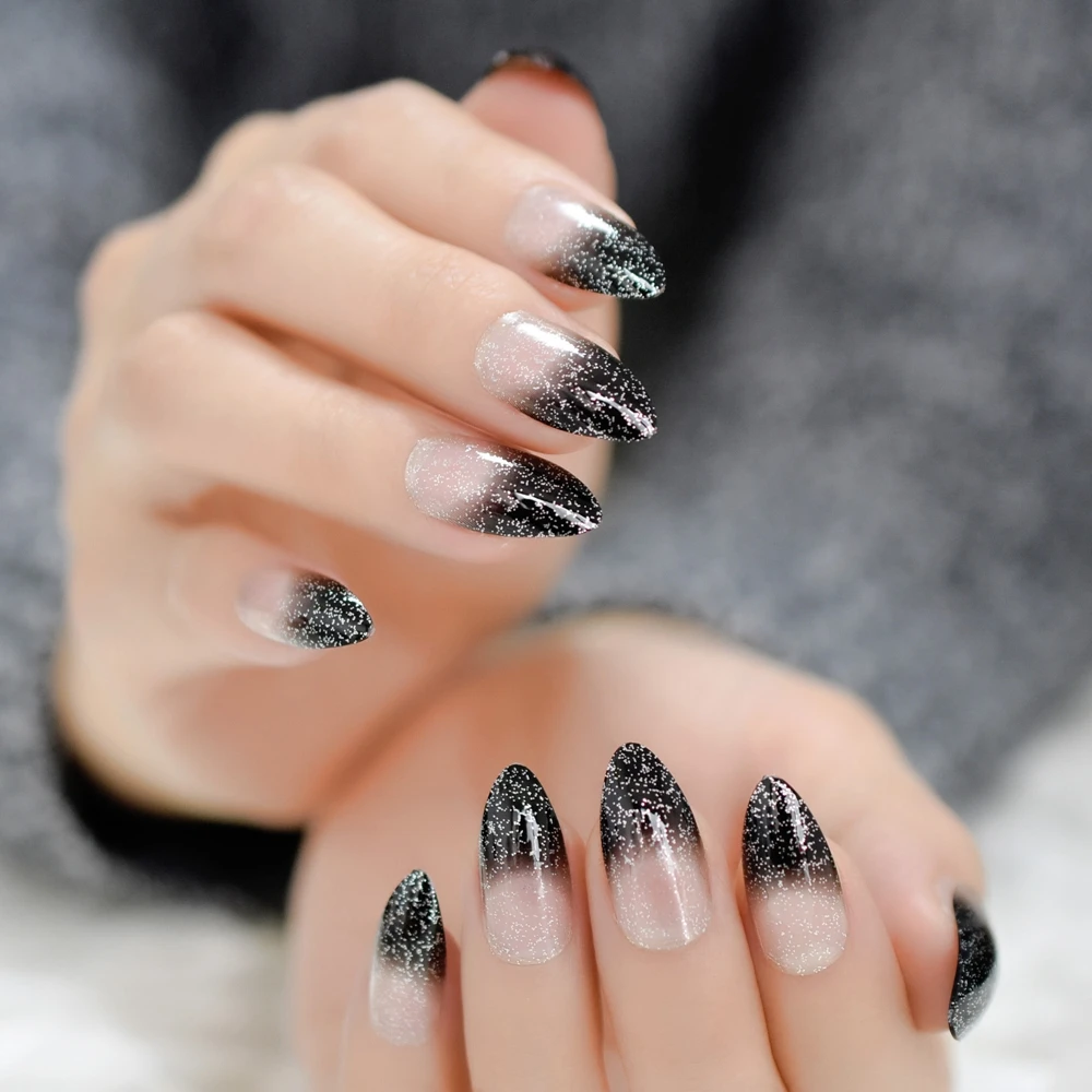 Gradient Clear สีดำภาษาฝรั่งเศสคำกดบนเล็บปลอมเคล็ดลับ Stiletto สวมใส่ Bling Silver Glitter รูปไข่ Sharp DIY ออกแบบเล็บ