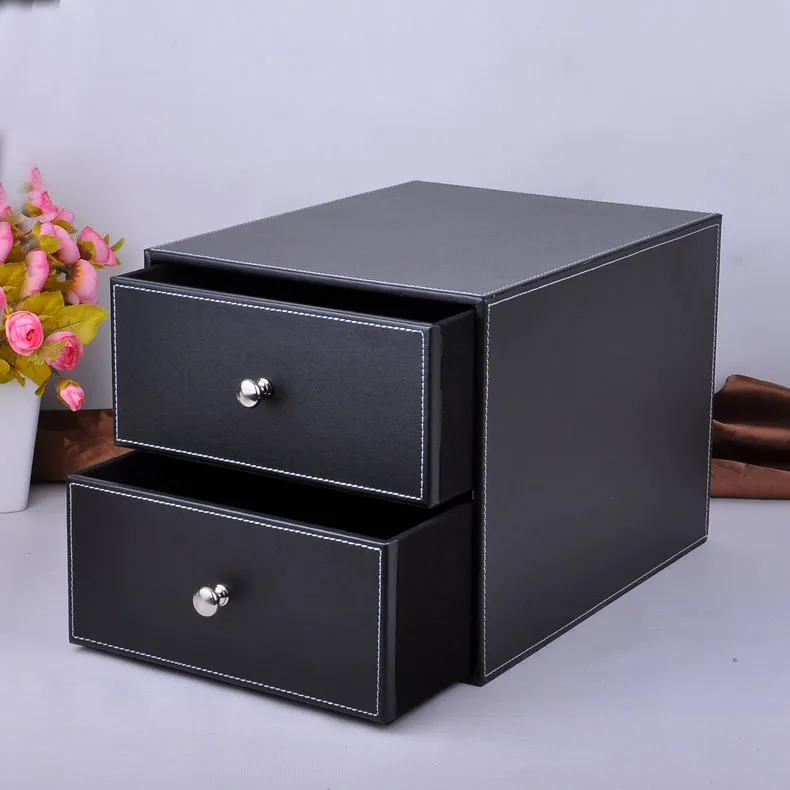 Wooden Structure Leather Desk File Cabinet, 2-Layer, Double Drawer, Storage Box, Office Organizer, Document Container, Black