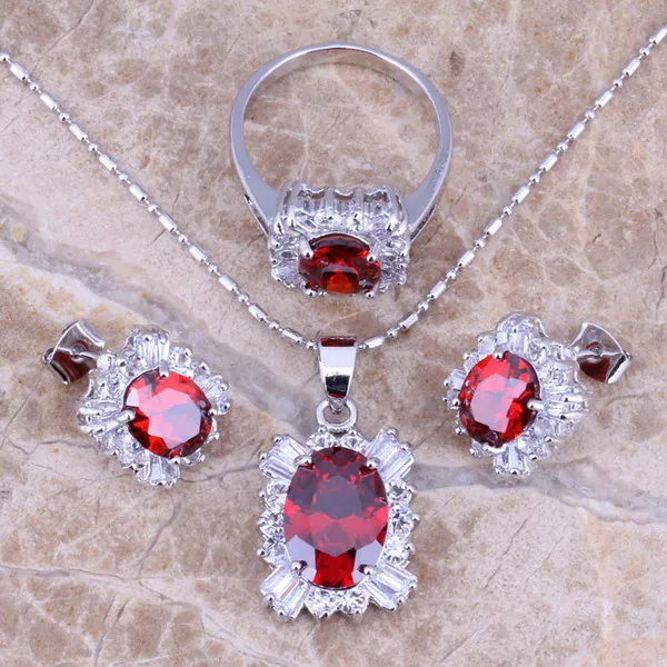 Red Garnet White CZ Silver Plated Jewelry Sets Earrings Pendant Ring Size 5.5 / 6 / 7 / 8 / 9 / 10 S0083