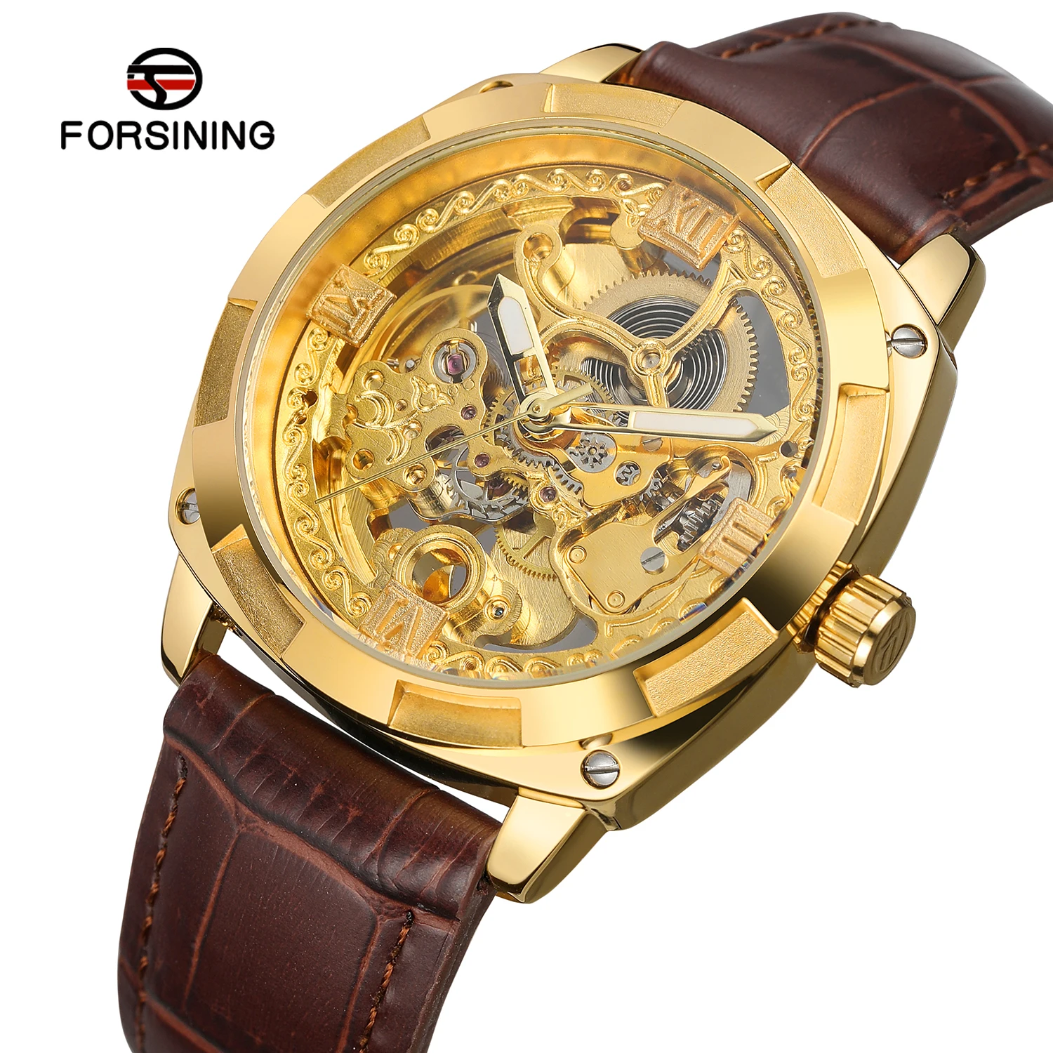 Forsining Top Brand  Royal Golden Flower Transparent Genuine Leather Creative Mens Clock Luxury Gold Skeleton Mechanical Watches