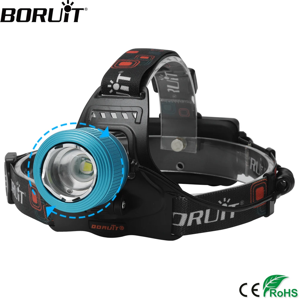 BORUiT RJ-2800 LED Powerful Headlamp 1000LM 3-Mode Zoom Headlight Recharheable 18650 Waterproof Head Torch for Camping