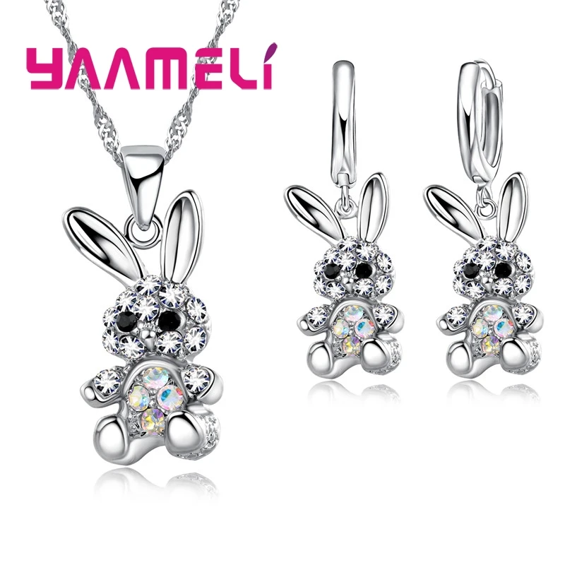 Reizende Nette Kaninchen Geschenke für Frauen Mädchen 925 Sterling Silber Schmuck Sets AB Farbige Cubic Zirkon Halskette Baumeln Ohrringe