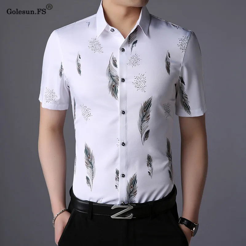 

New Arrival Summer Men Print Leaf Bussiness Slim Shirts Male Classic Casual Short sleeve Top shirts Clothing men 12831