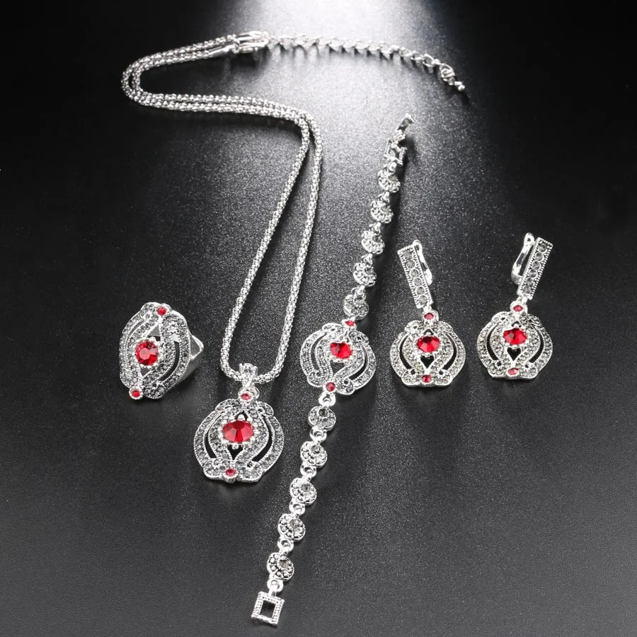 4 Pcs/lot Hot Vintage Wedding Jewelry Sets Gray Crystal Necklace Earrings Bracelet And Rings For Women Party Accessories