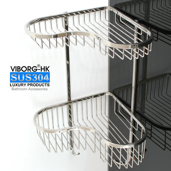 VIBORG Deluxe 304 Stainless Steel Double Tiers Corner Shower Basket Shelf Tidy Rack Caddy Storage Organizer,brushed