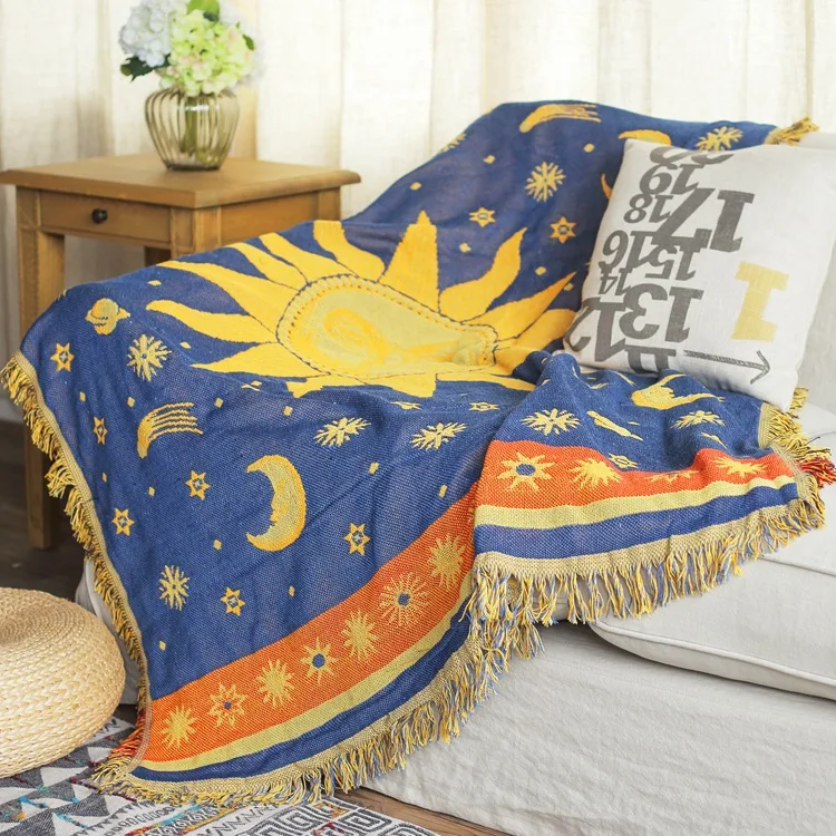 Sun, Moon, Starry Sky  Vintage Thick cotton blanket carpet thick rural style Double-sided bed cover sofa towel wall Tapestry