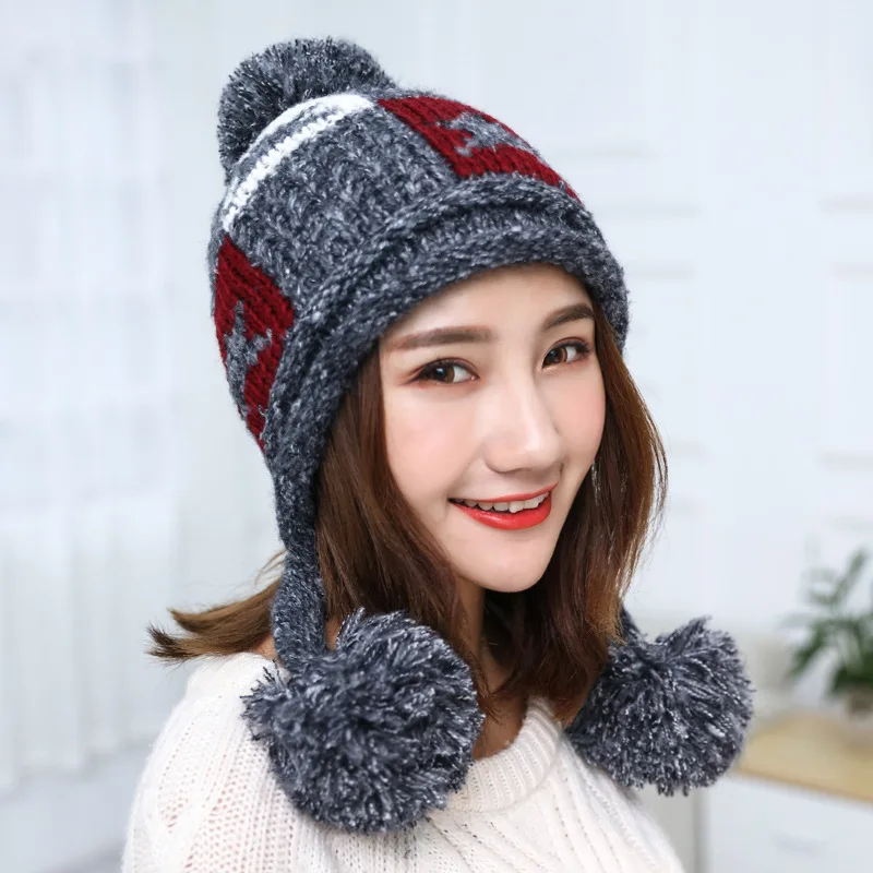 

YOUHAN 2022 New Women Winter Hats Knitted Hat Three Ball Beanie Female Cap Plus Velvet Cap Christmas Gift Gorros Mujer Invierno