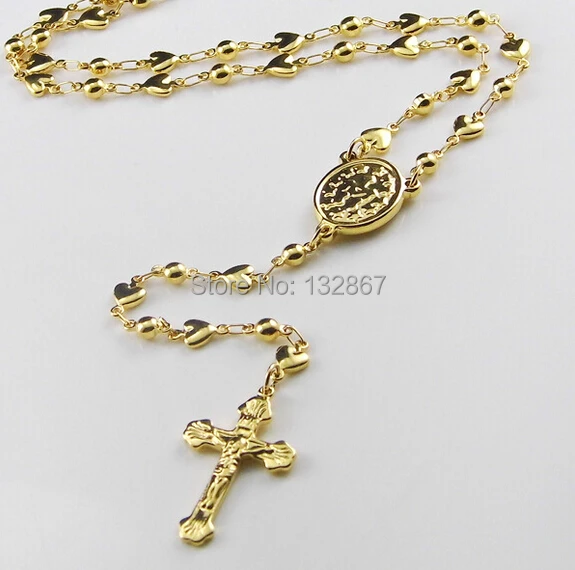 Brand New Sweet Style 5 mm Women&Girls'Gift Gold Rosary Necklace Stainless Steel religous jusus Cross Beads Hearts Crucifix