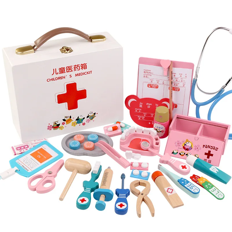 Children's wooden simulation Pretend Play Doctor toy nurse injection Game Medicine Box