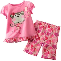 Summer Girls Clothes Suit Pink Monkey Outfits Children Blouse Pants 2-Pieces Set Baby Girl Pajamas T-Shirt Tops Trouser Cotton