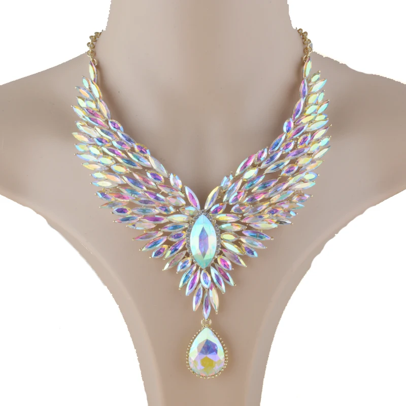 Bridal Wedding Jewelry Aurora Color Rhinestone Crystal AB For Women\'s Party Necklace Earrings Set Peacock Wig Dropwater