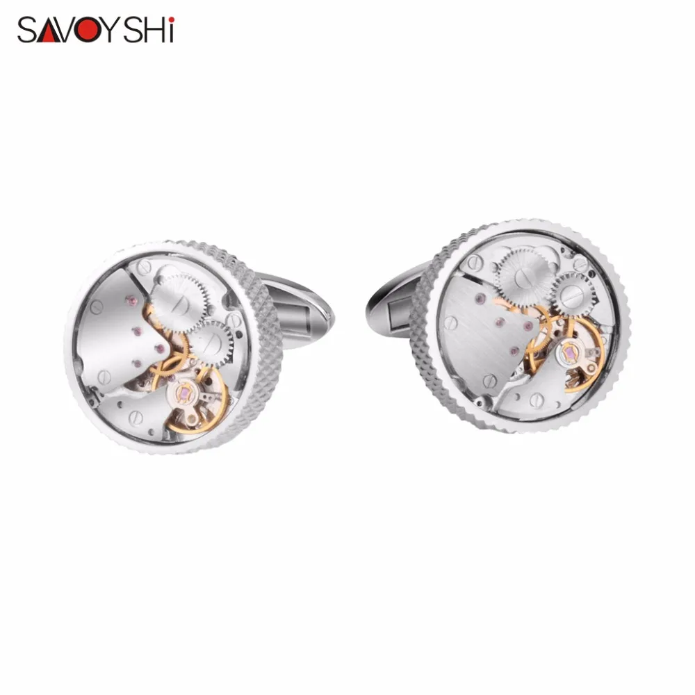 SAVOYSHI Mechanical Watch Movement Cufflinks for Mens Shirt Cuff button High Quality Silver color Round Cuff link Brand Jewelry