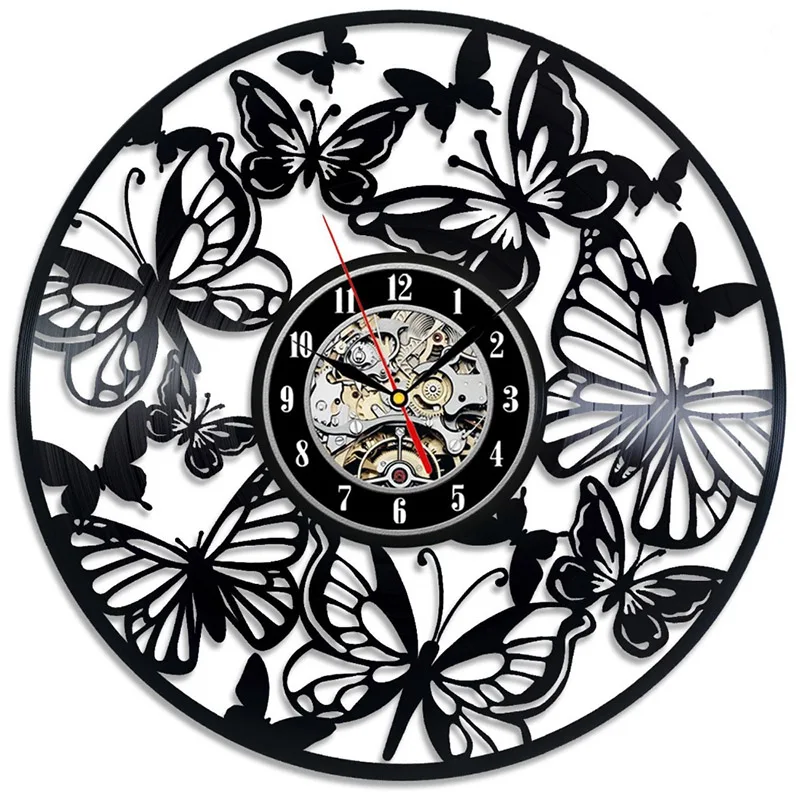 Round Hollow Butterfly Art Vinyl Record Clock Creative Butterfly Shape LED Wall Clock Antique Style Quartz Handmade Clock