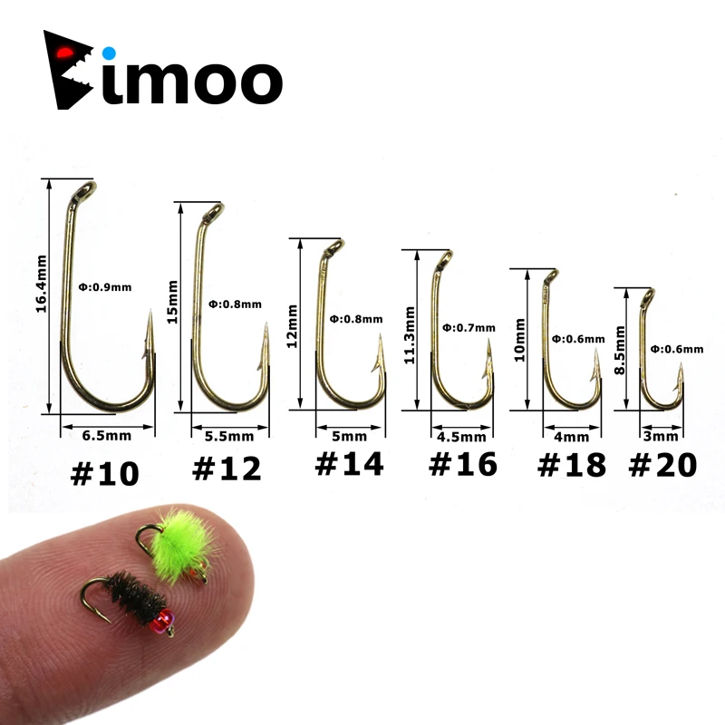 

Bimoo 500 шт., Размер 10, 12, 14, 16, 18, 20, Стандартный Крючок для вязания нимф и мокрых мушек, бронзовый острый прочный нимфа и влажные рыболовные крючки для ловли нахлыстом