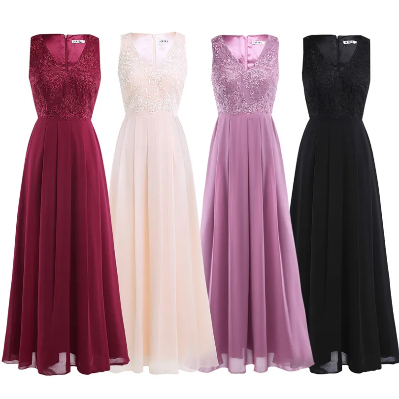 2021 frauen Damen Chiffon Ärmellose Brautjungfer Kleid Plissee Taille Lange Gestickte Blumen Druck Hochzeit Party Kleid Abendkleid