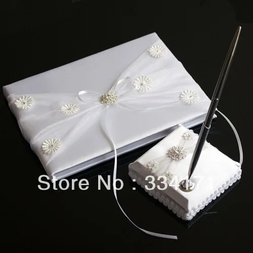 Free shipping wedding  Daisy with Rhinestone Wedding Guest Book And Pen Set With Crystal Cluster QMC1006