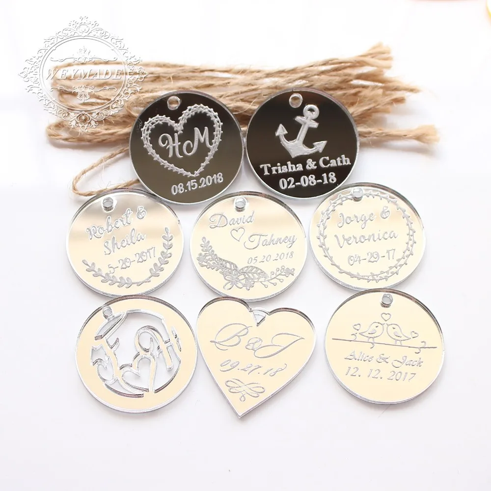 

50 * Personalized Engraved Anniversary Silver Wine Charm Custom Bride Baptism Label Wedding Engagement Round Favors Gifts Tags