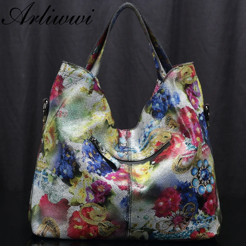 Arliwwi Female Real Leather Shiny Flower Summer Women Tote Handbags New Lily Floral Lady Embossed Genuine Leather Bags GL16