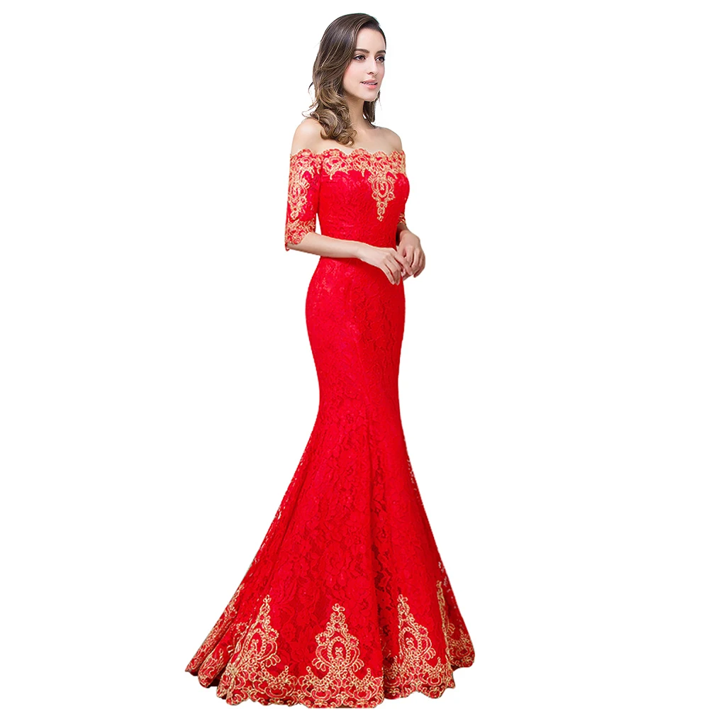 Robe de bal de forme sirène rouge en dentelle dorée, longue, demi-manches, bon marché, offre spéciale