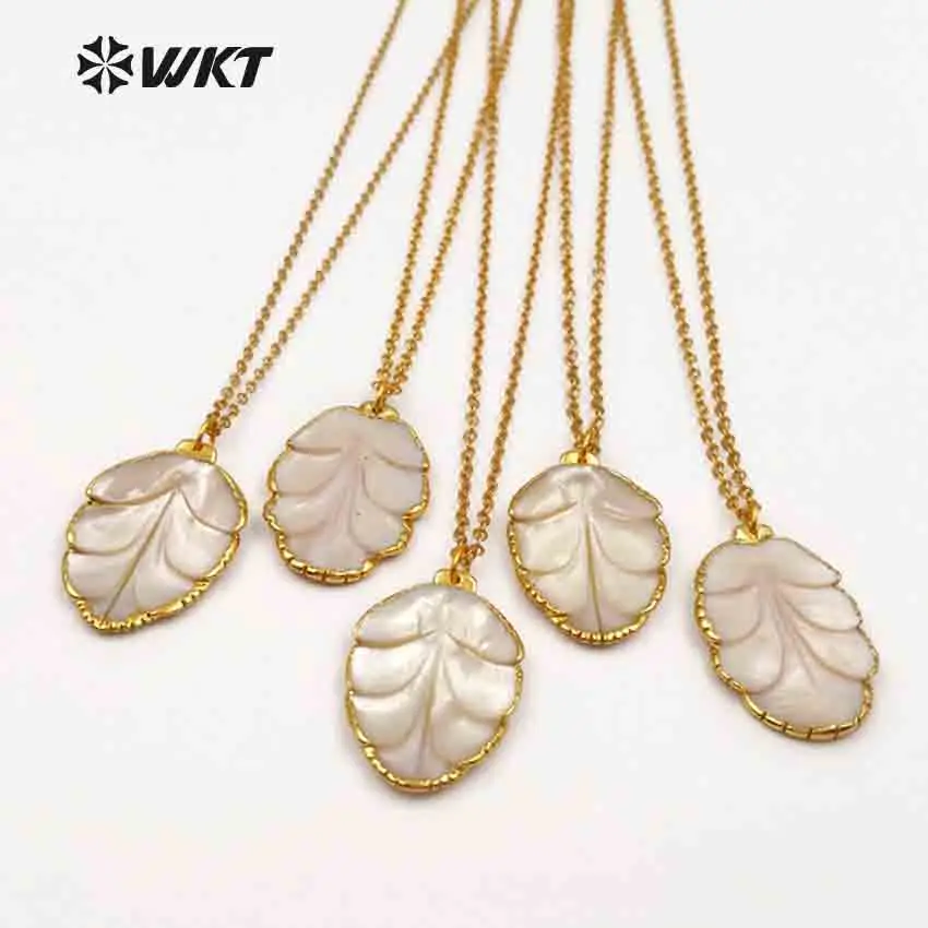 

WT-JN057 WKT Natural shell necklace leaf shape pendant with gold metal trim 18"inch chain for women jewelry making