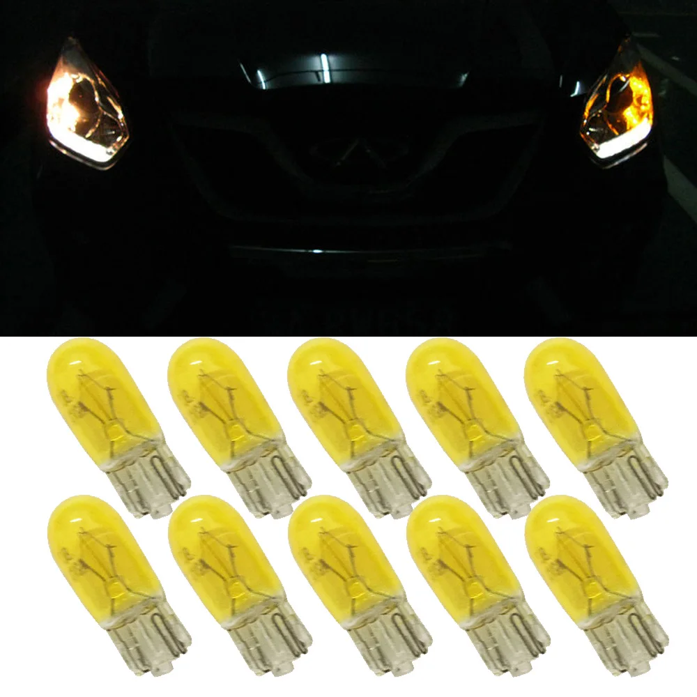 10x Yellow T10 W5W Halogen Light Bulbs w5w 194 168 501 Wedge Halogen Lamp DC 12V 5W Car Parking Side Maker Dashboard Light