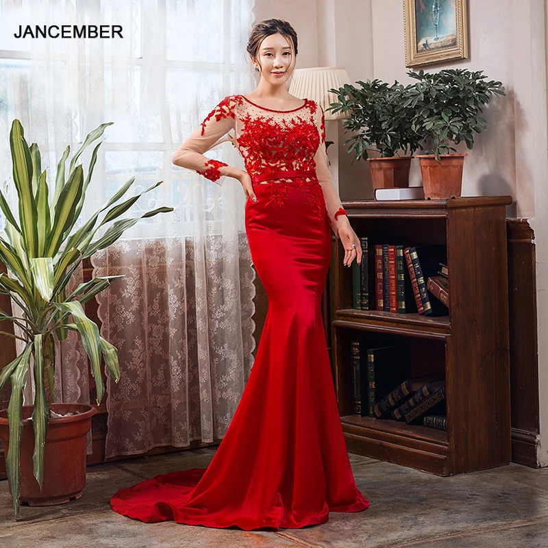 J66640 jancember mermaid evening dress for women 2019 red long sleeve dress with train party robe de soiree femme pour mariage