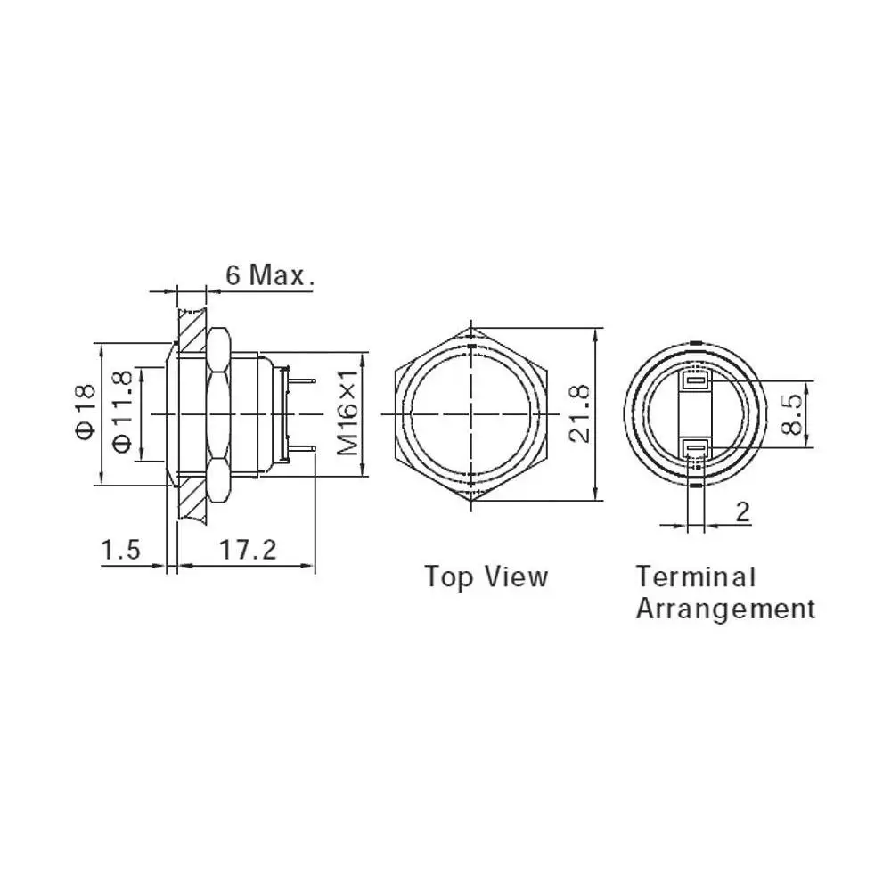 16mm Off/(On) 48V/DC 2A Soldering Terminal Nickel Plated Brass Pushbutton Anti Vandal Switch