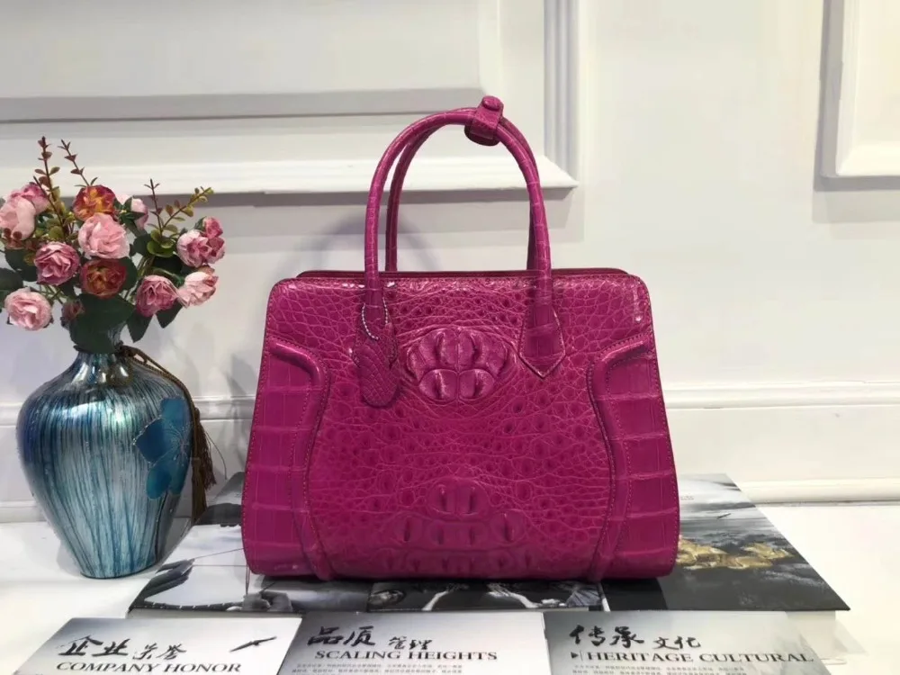 100% top quality genuine crocodile head skin leather women tote handbag medium size lady top handle daily tote bag green color