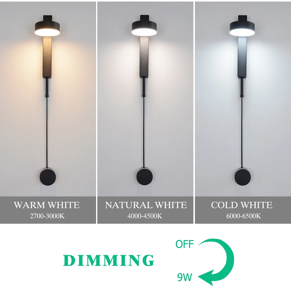 Lampada da parete a LED moderna con interruttore a manopola applique dimmerabile illuminazione interna regolabile 7W 9W nero per scala corridoio