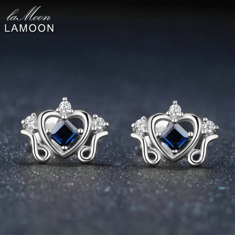 

LAMOON Princess Cut 0.2ct 100% Real Sapphire 925 sterling-silver-jewelry Crown Stud Earring S925 LMEI044