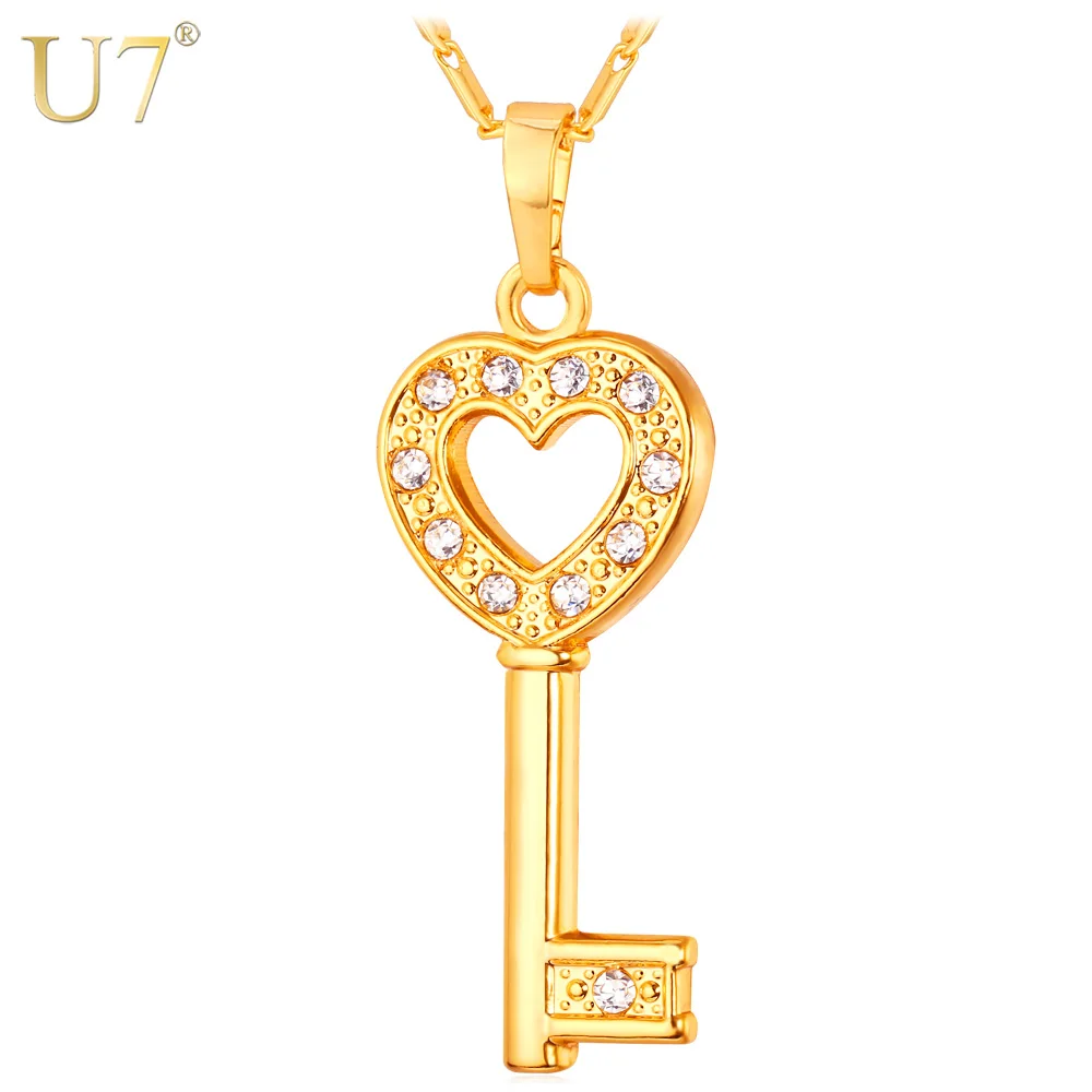 

U7 Key Heart Necklace Women Fashion Jewelry For Gold Color Crystal Love Necklaces & Pendants P617 QC24