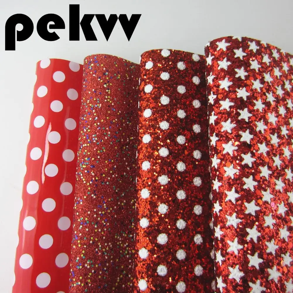 30cmX134cm Red With White Dot Star Chunky Glitter Fabric Faux Synthetic Leather For DIY Bows Craft Sewing  HD020m