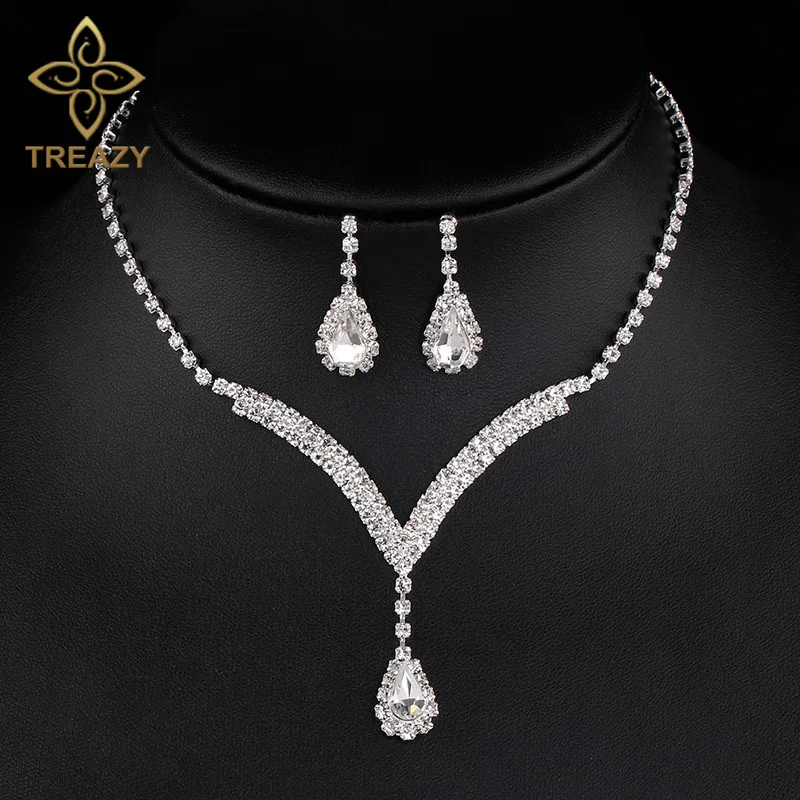 TREAZY 4 Colors Crystal Bridal Jewelry Sets V Shaped Teardrop Choker Necklace Earrings Wedding Party Jewelry Sets for for Women