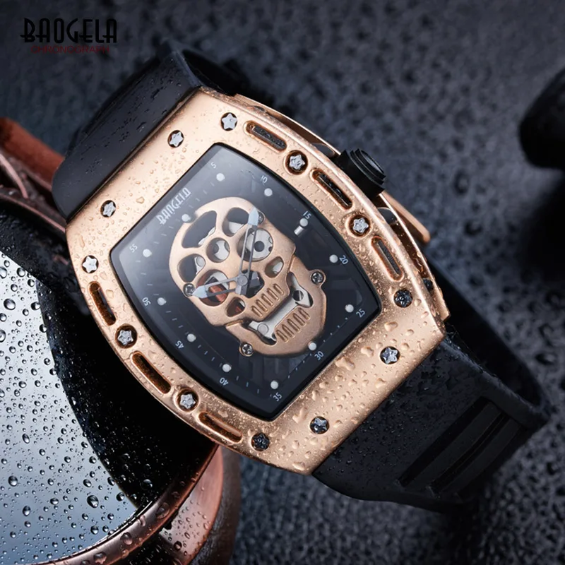 Baogela Fashion Rectangle Skeleton Dial Luminous Hands Silicone Strap Army Sport Quartz Watches BGL1612G-3