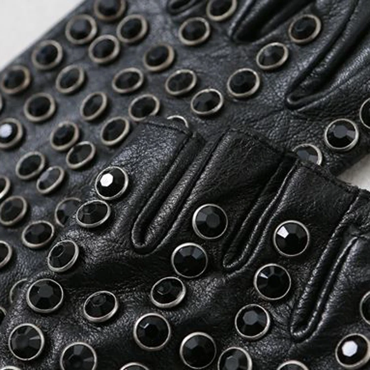 2024 Female Real Leather Half-finger Short Thin Gloves Women Shiny Artificial Diamond Rivet Rock Punk Sreetwear Fingerless Luvas